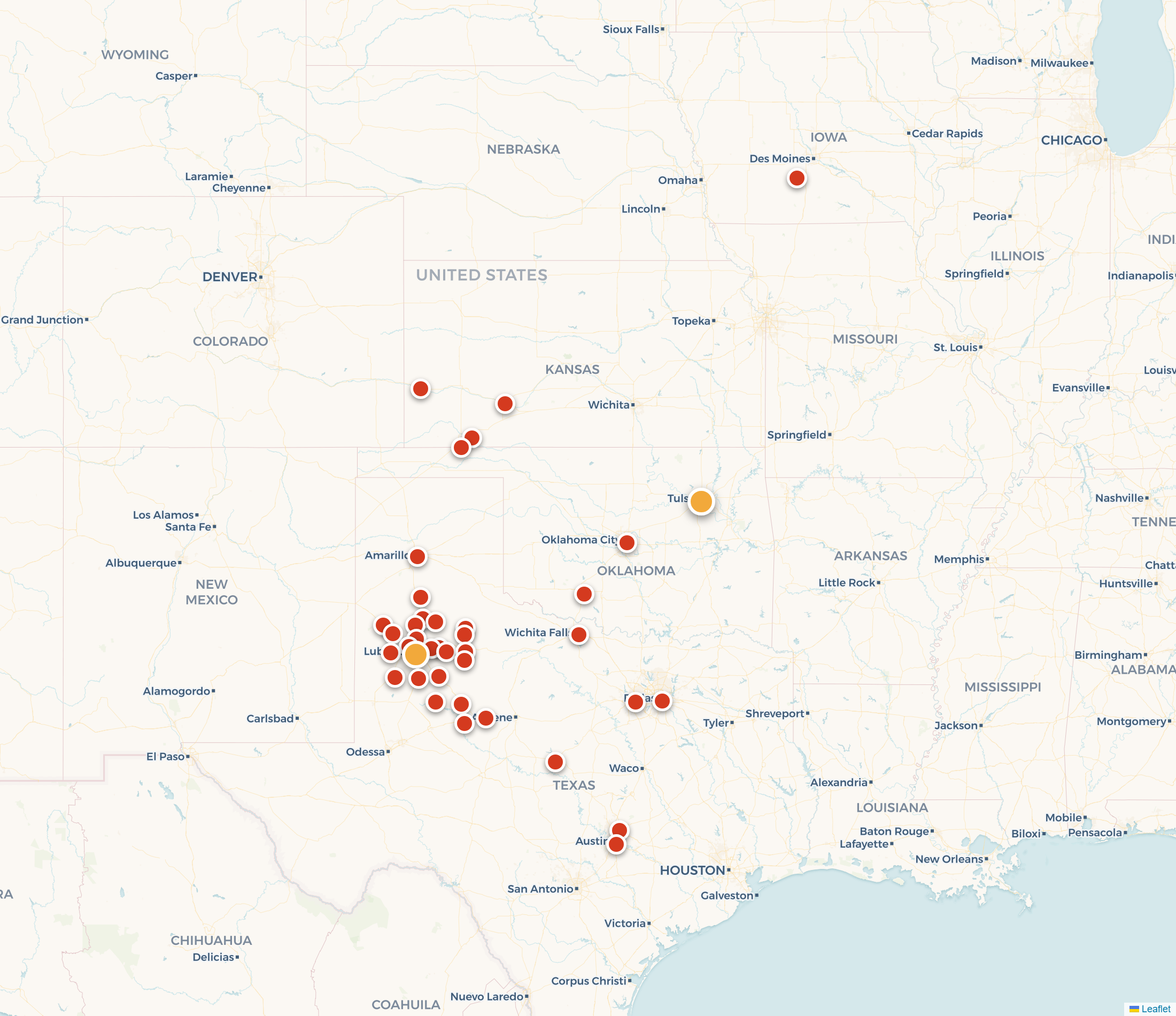 Map of towns across Texas, Oklahoma, New Mexico, and Kansas where Alpha Public Adjusters has handled property damage claims